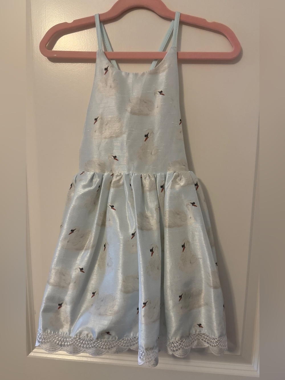 2T Pleiades Light Blue Swan Print Shortie Dress with Lace Trim